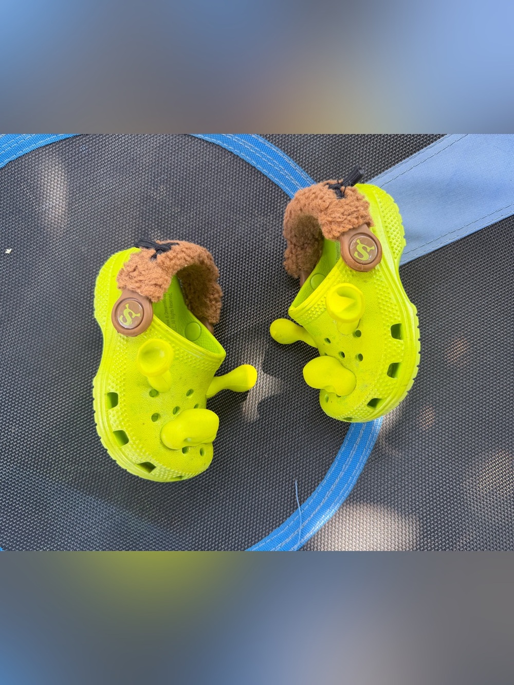 CROCS Kids Neon Lime Clog Sandals with Brown Faux Fur Trim